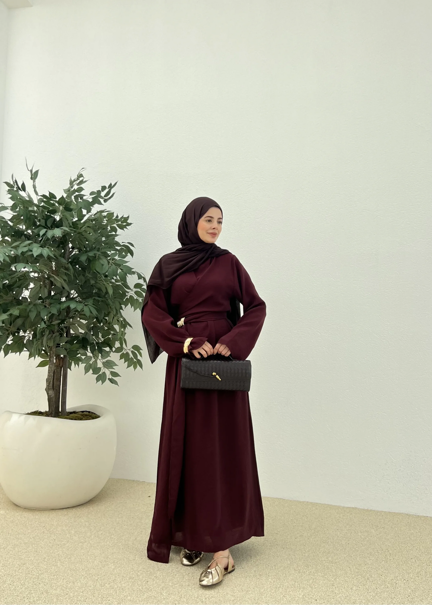 Burgundy Tencel Dress with Buckle Detail