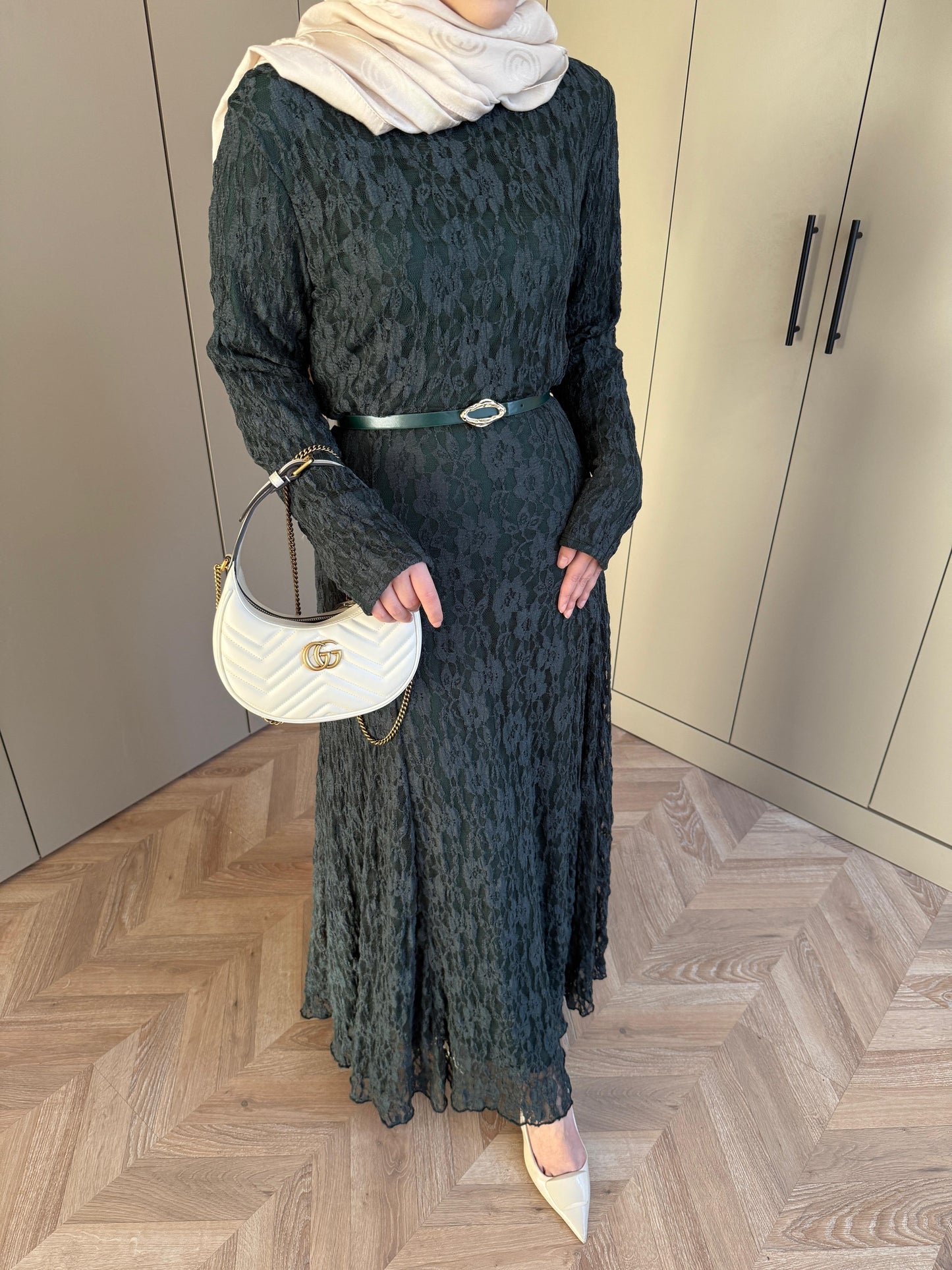 Emerald Lace Dress with Removable Belt