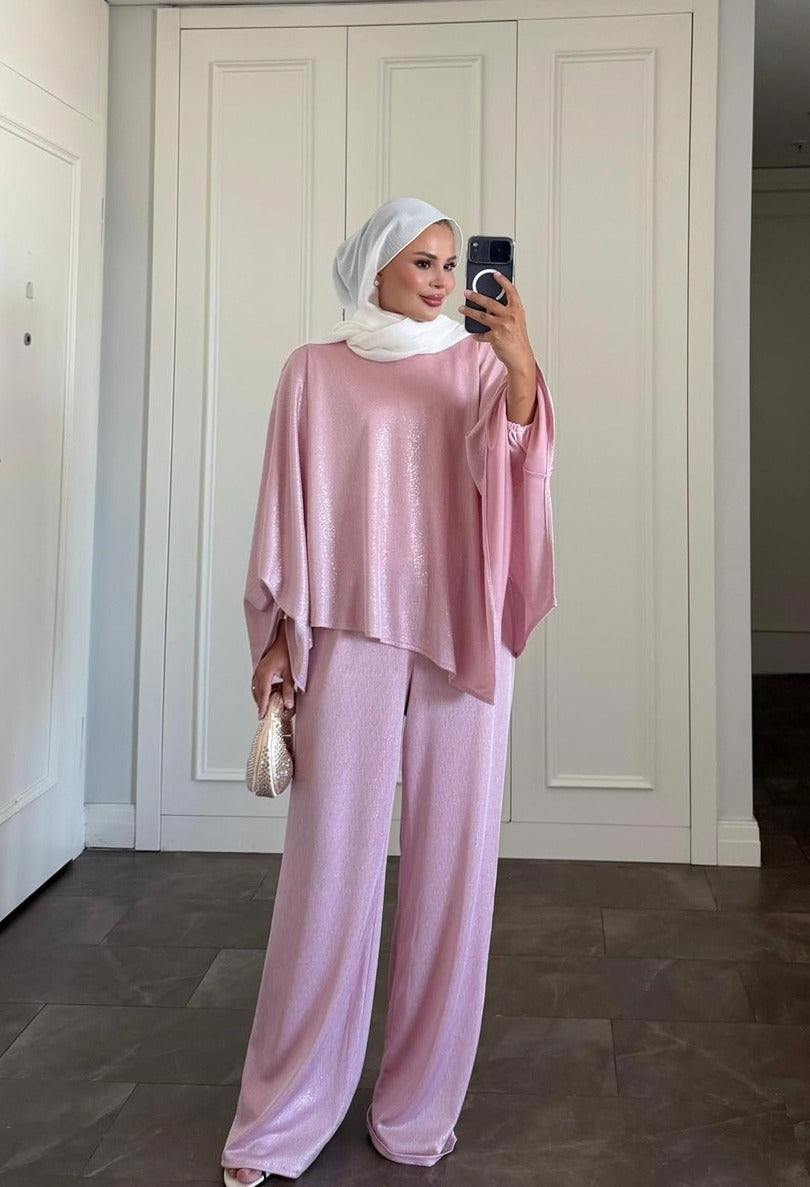 Elmas Kahverengi Işıltılı Asimetrik Pantolon Takımı | Pembe