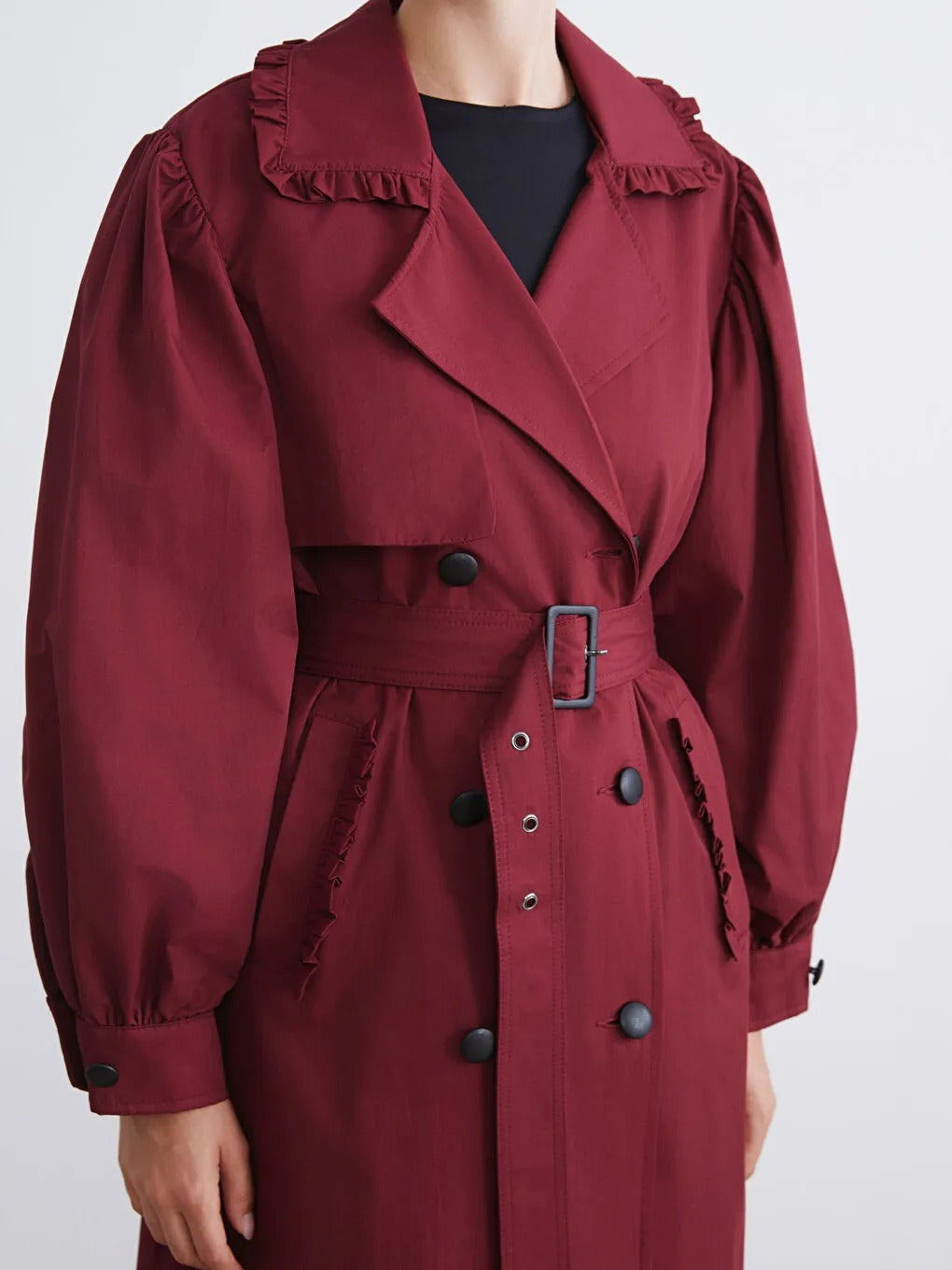 Burgundy Double-Breasted Women's Trench Coat