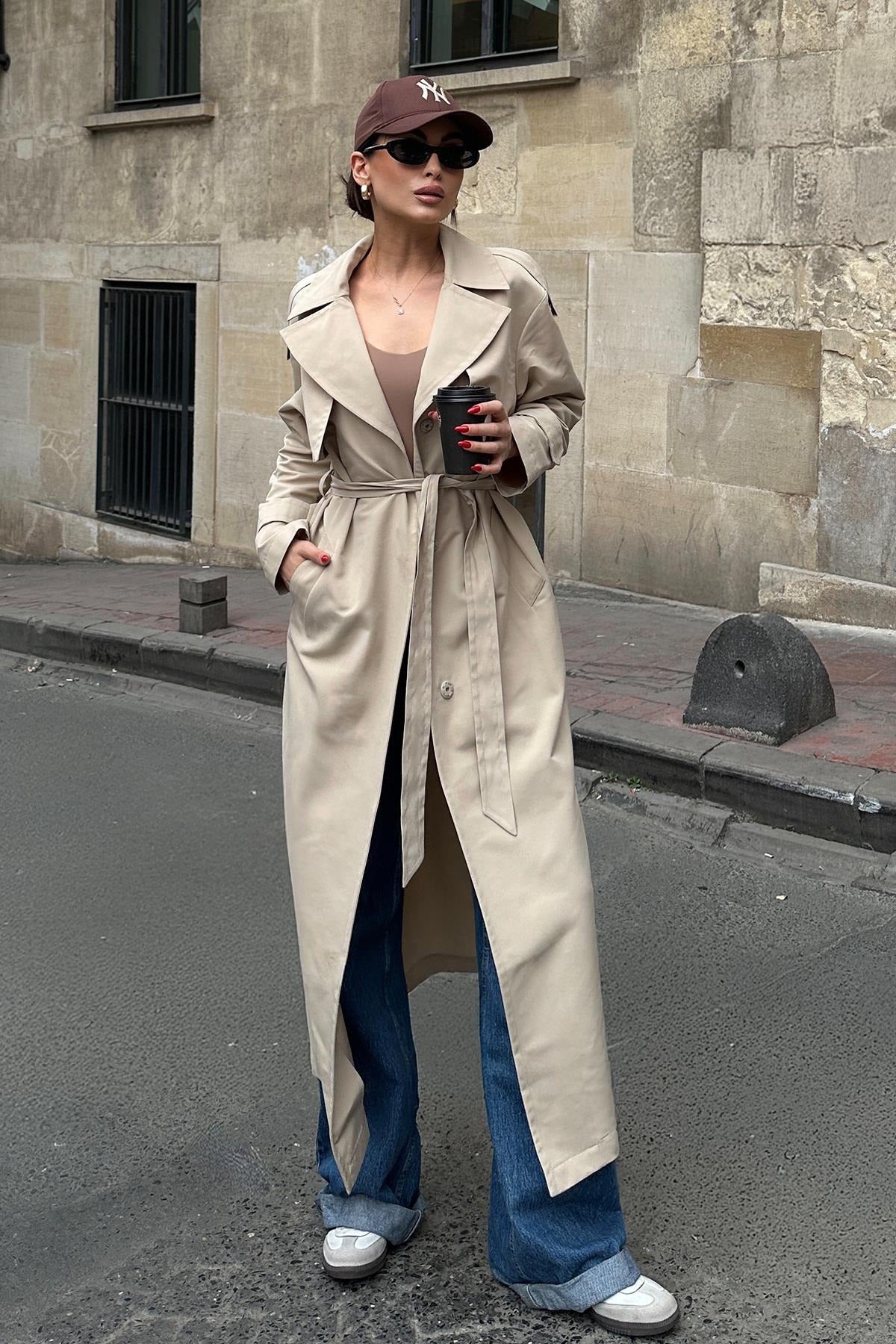 Beige Oversize Long Trench Coat with Cape and Epaulette Details – Unlined