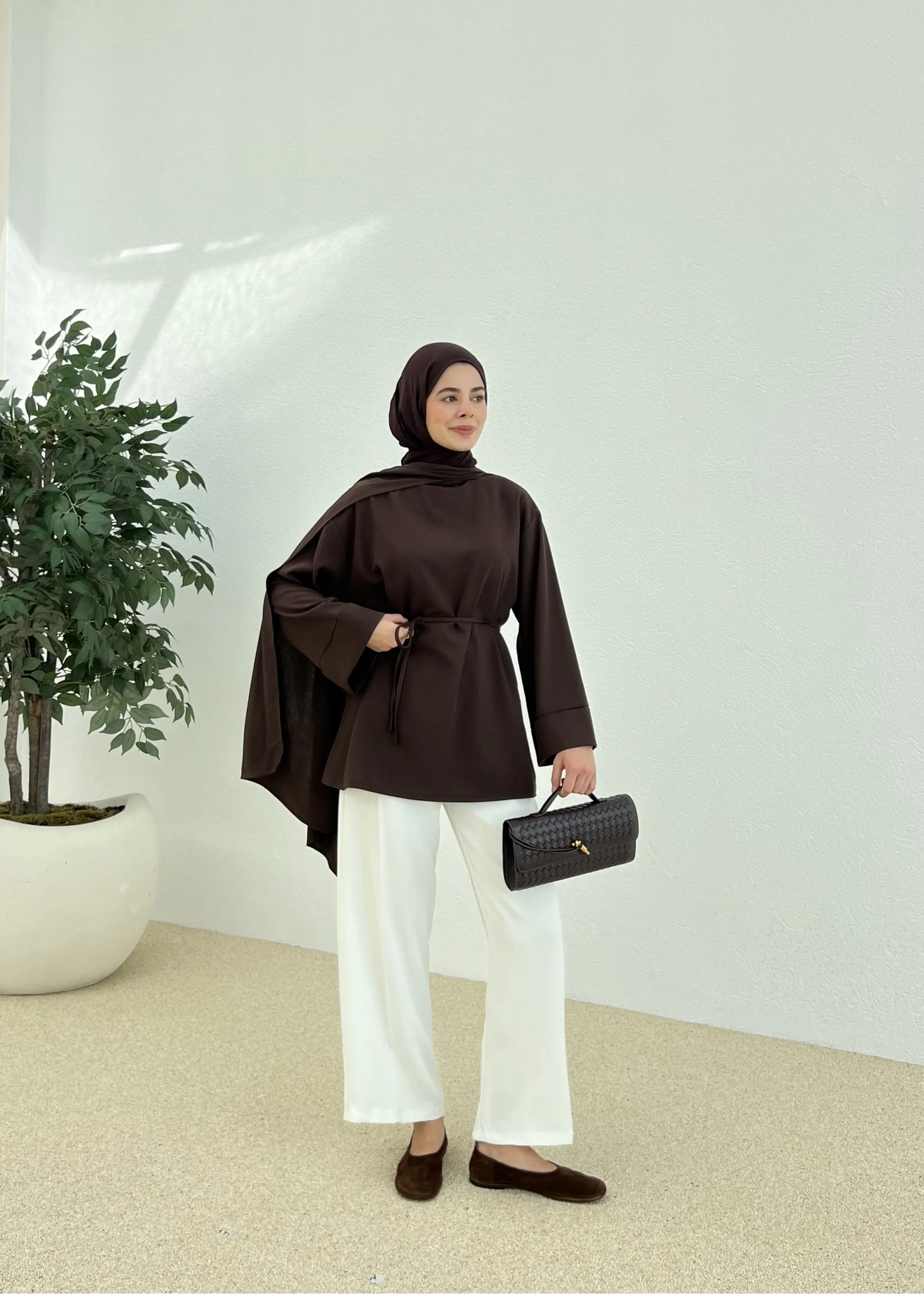 Chic Brown Tunic with Shawl Neckline