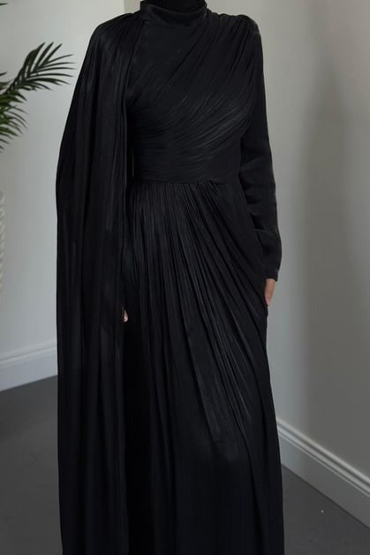 Black One Shoulder Draped Evening Dress with Cape Detail