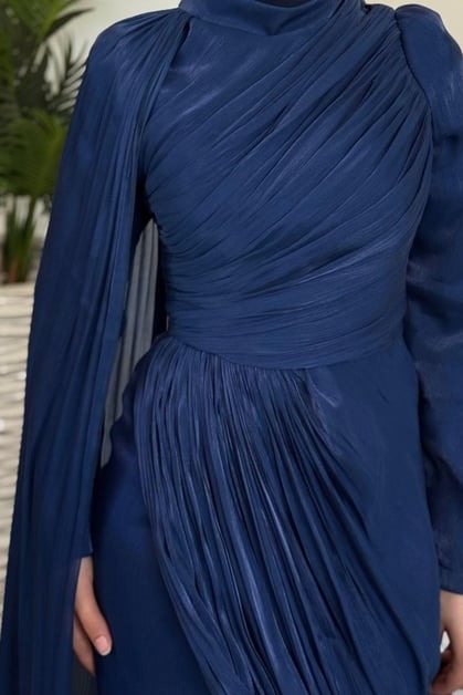 Navy Blue One Shoulder Draped Evening Dress with Cape Detail