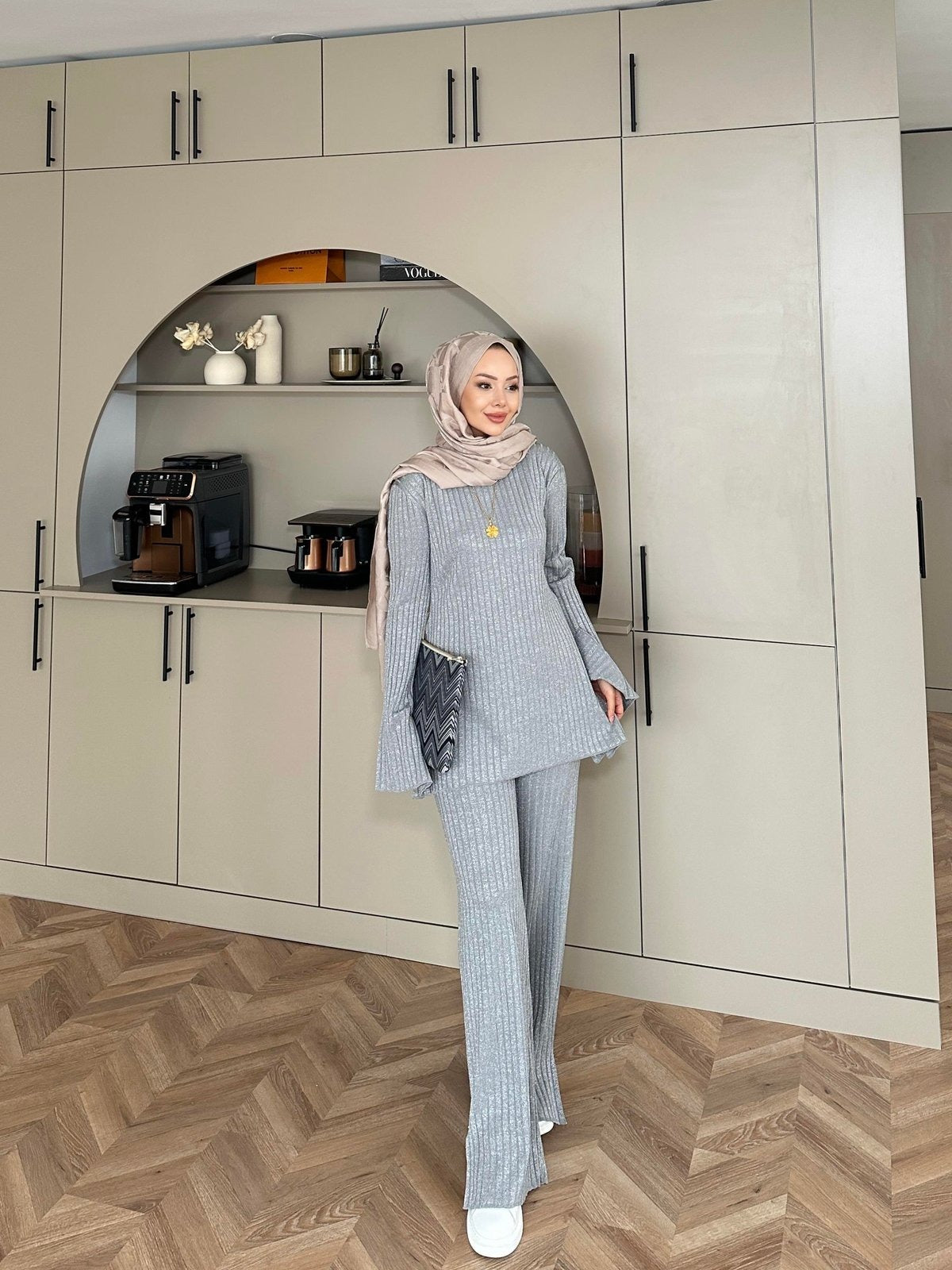 Sally Shimmer Knit Two-Piece Set – Gray