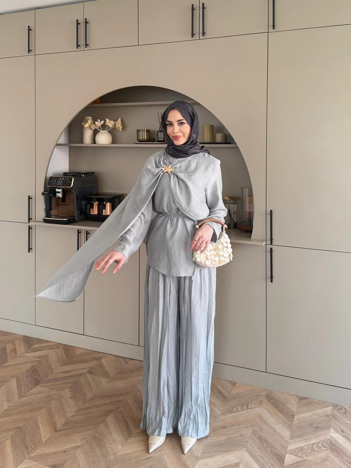 Blue Starfish Brooch Cape Detail Muslin Trouser Set