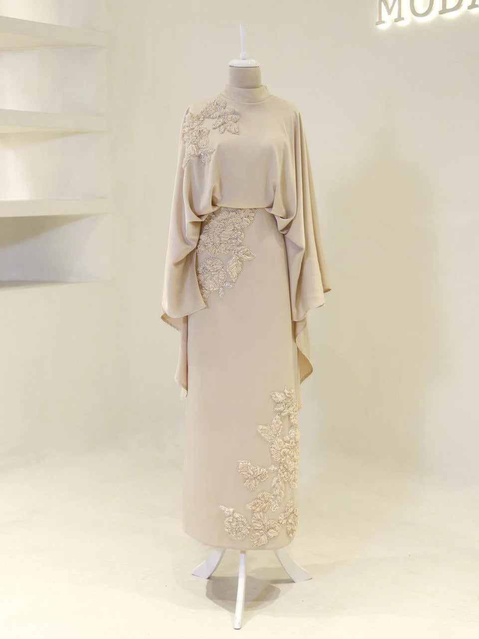 Soraya Stone-Embellished Modest Satin Cape Pencil Dress - Evening Dress