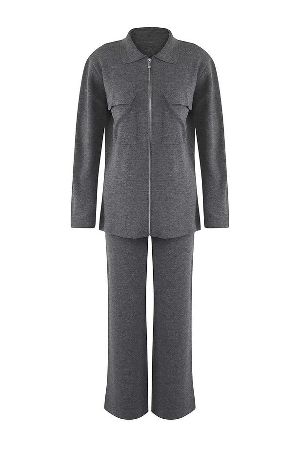 Anthracite Zip-Detail Knit Top & Pants Two-Piece Set with Pockets