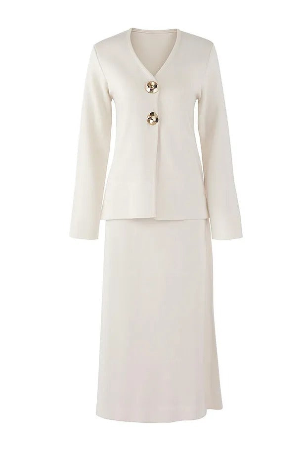Ivory Gold-Button Knit Skirt Set