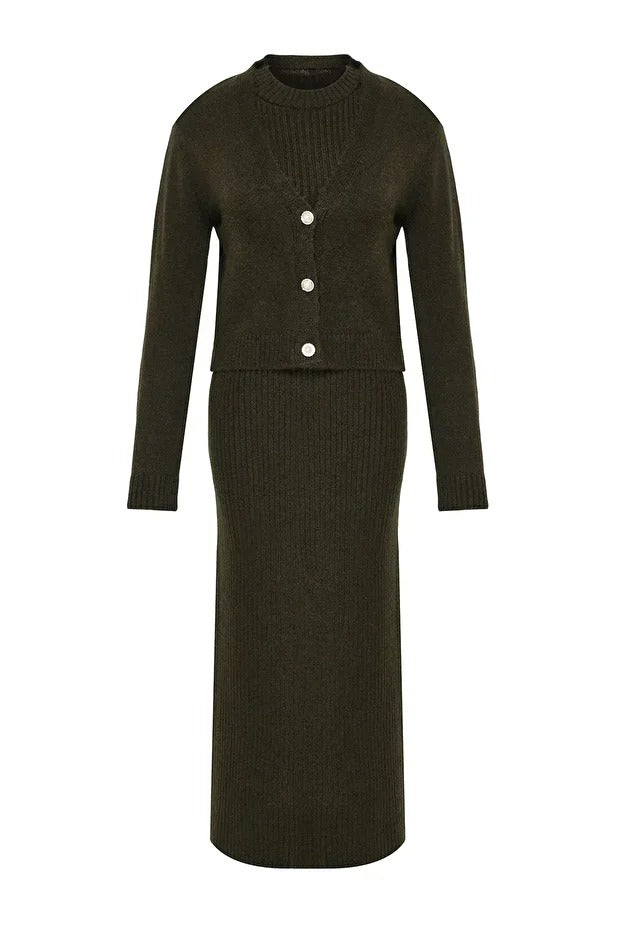 Dark Khaki Ribbed Soft-Knit Dress & Cardigan Set