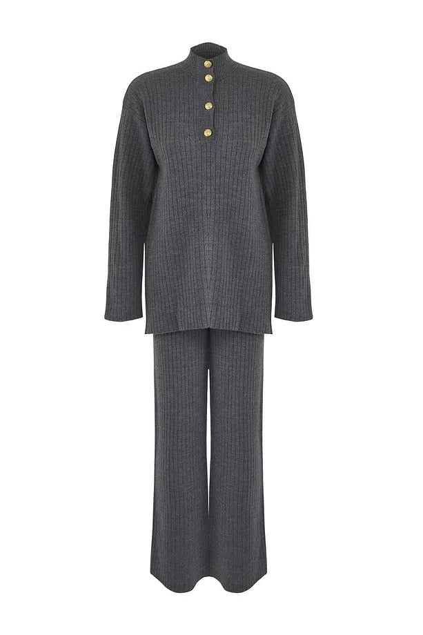 Anthracite Gold-Button Knit Top & Pants Two-Piece Set