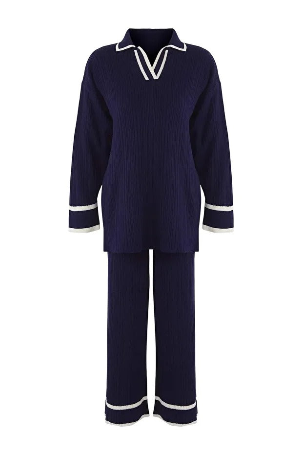 Navy Blue Piped Knit Sweater & Pants Set
