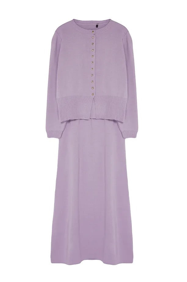 Lilac Button-Front Knit Cardigan & Skirt Set