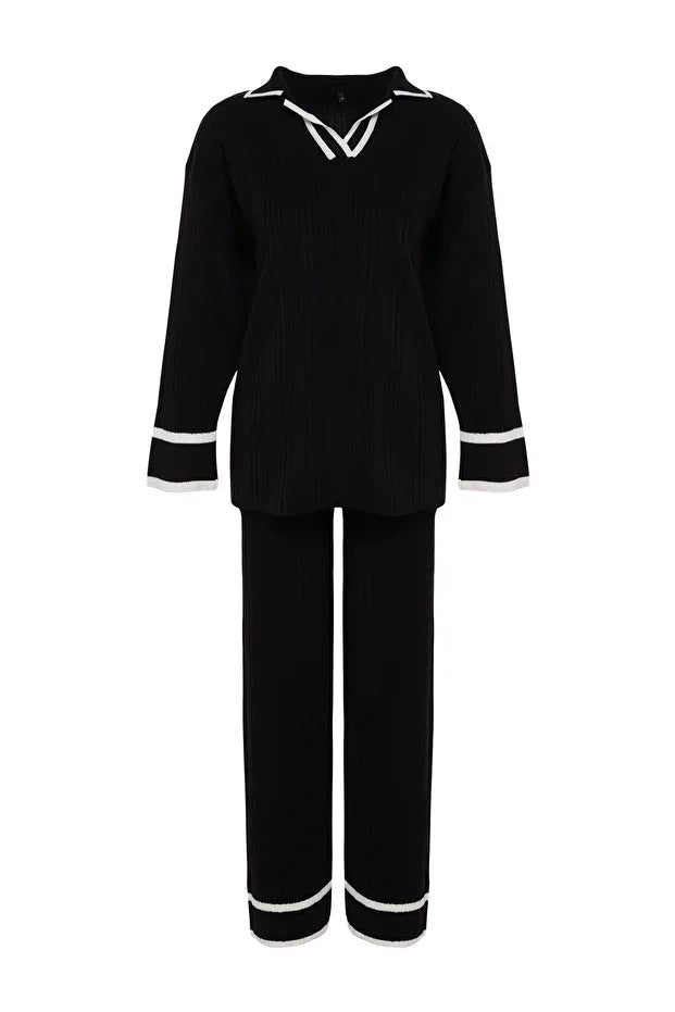 Black Piped Knit Sweater & Pants Set