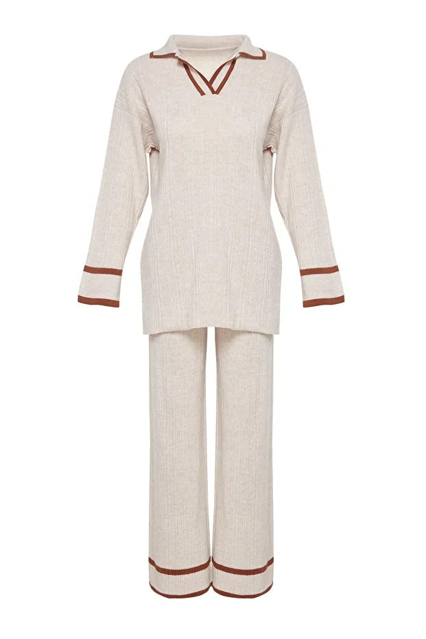 Stone Brown Piped Knit Sweater & Pants Set
