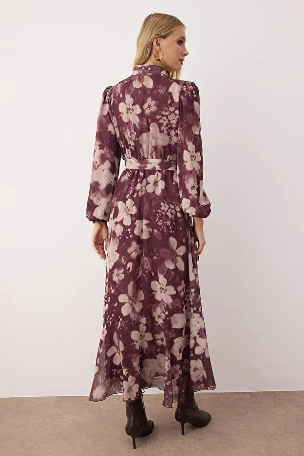 Mauve Floral Shiny Button-Detail Woven Chiffon Dress