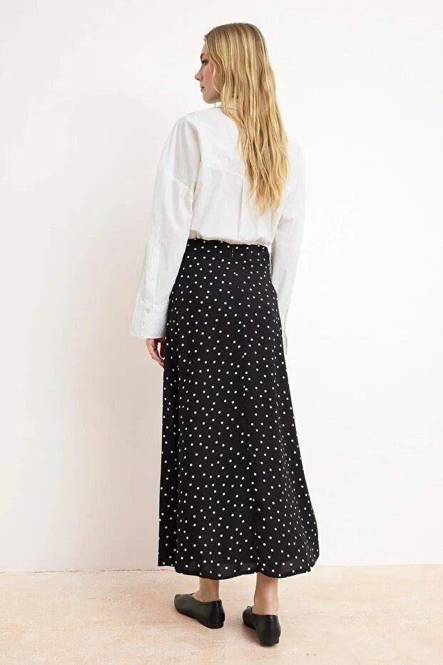 Black & White Polka Dot 100% Viscose Midi Skirt — Modest High-Waist A-Line