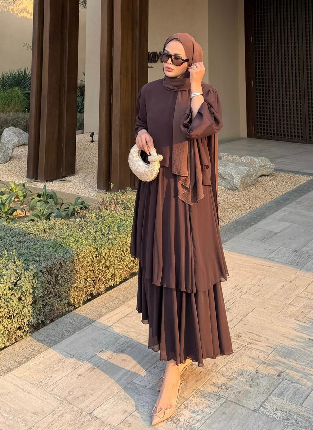 Layered Cape Chiffon Co-ord Set with Tiered Ruffle Skirt - Brown