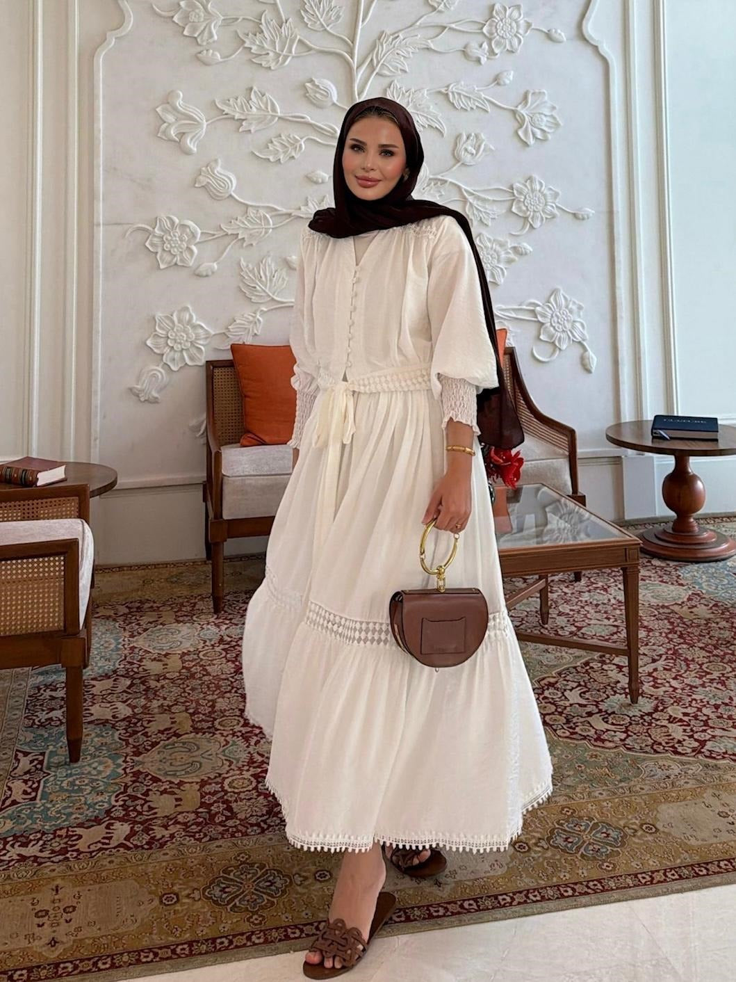 Tiered Boho Lace Trim Co-ord Set with Crochet Waist Belt - Ecrou