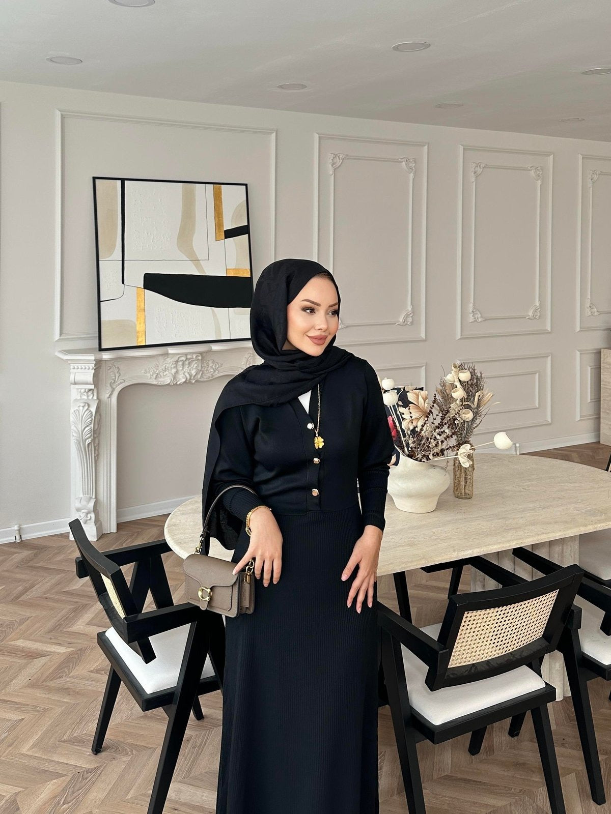 Knit Dress – Black with Gold Buttons