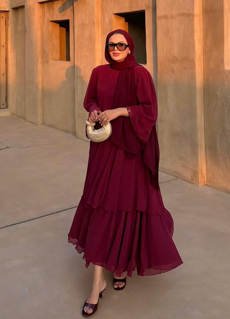 Layered Cape Chiffon Co-ord Set with Tiered Ruffle Skirt - Burgundy