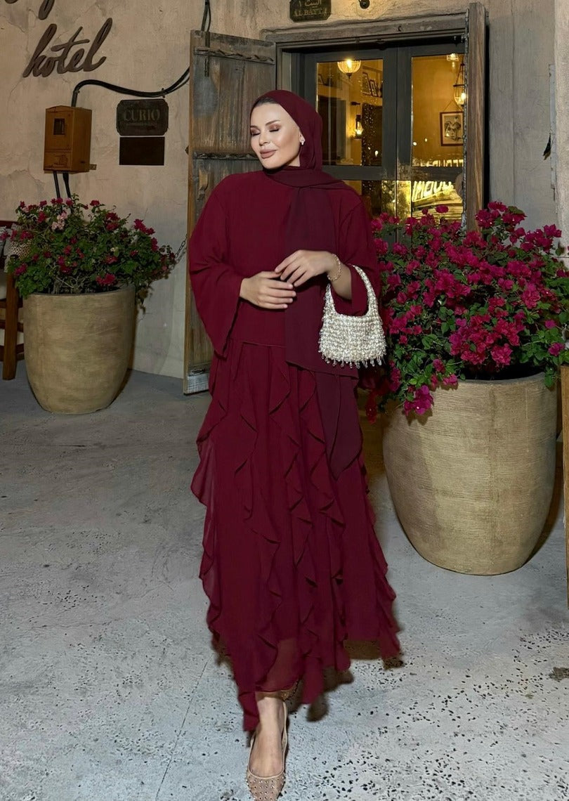 Burgundy Ruffle-Detail Chiffon Blouse and Skirt Set- PRE ORDER