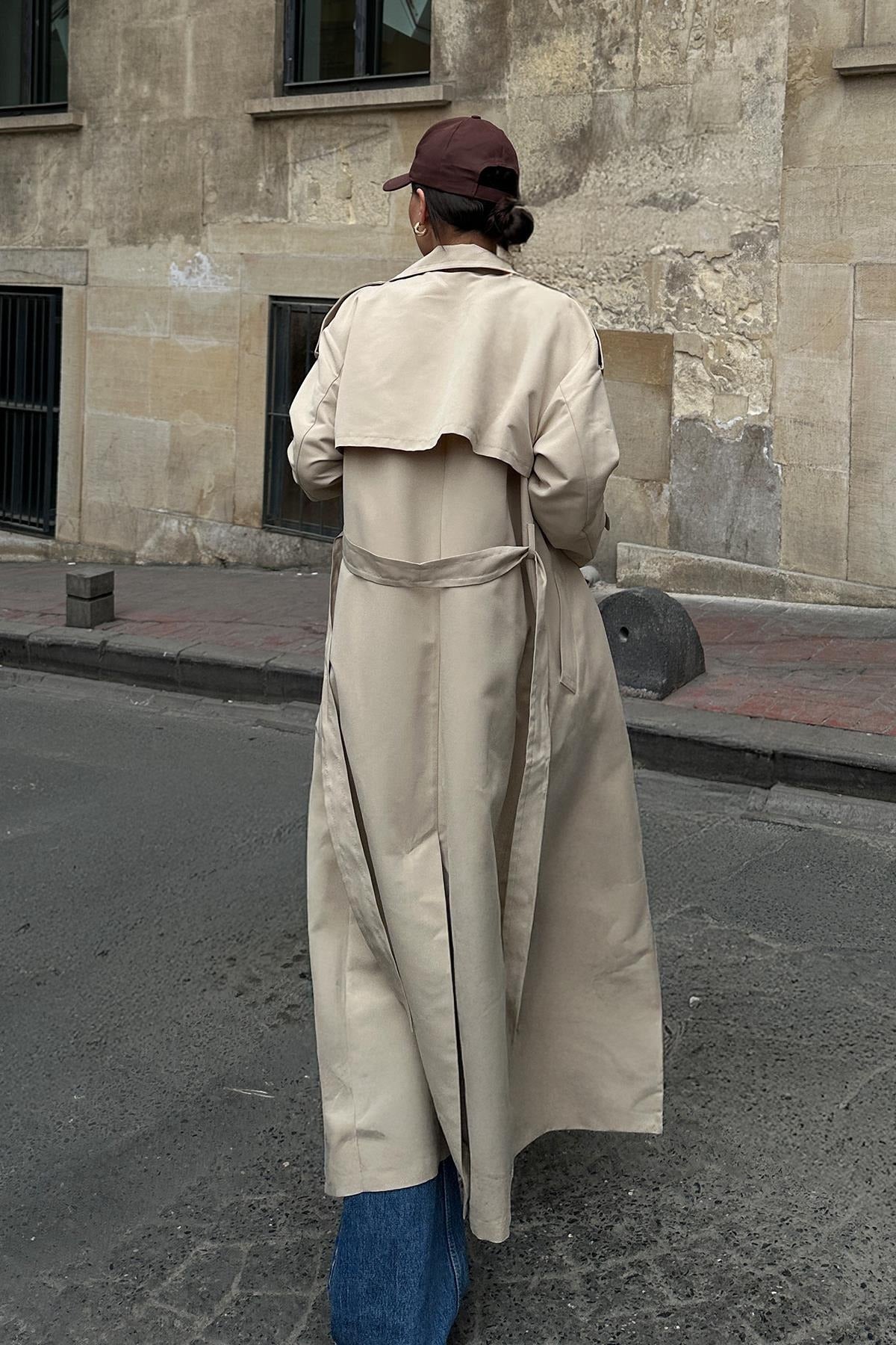Beige Oversize Long Trench Coat with Cape and Epaulette Details – Unlined