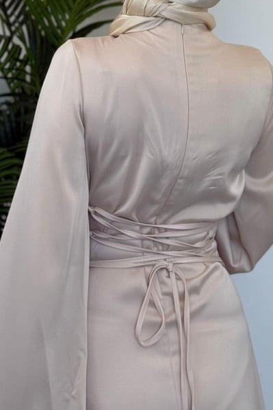 Elegant Cream Satin Modest Evening Dress with Baguette Stone Waist Detail
