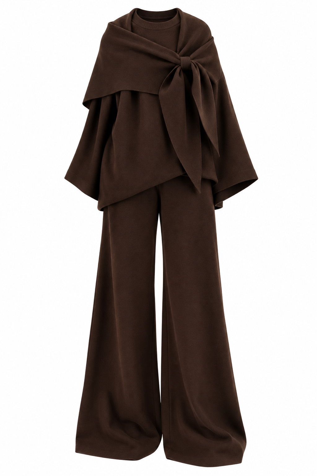 Amaris Shawl-Detail Knit Two-Piece Set – Brown