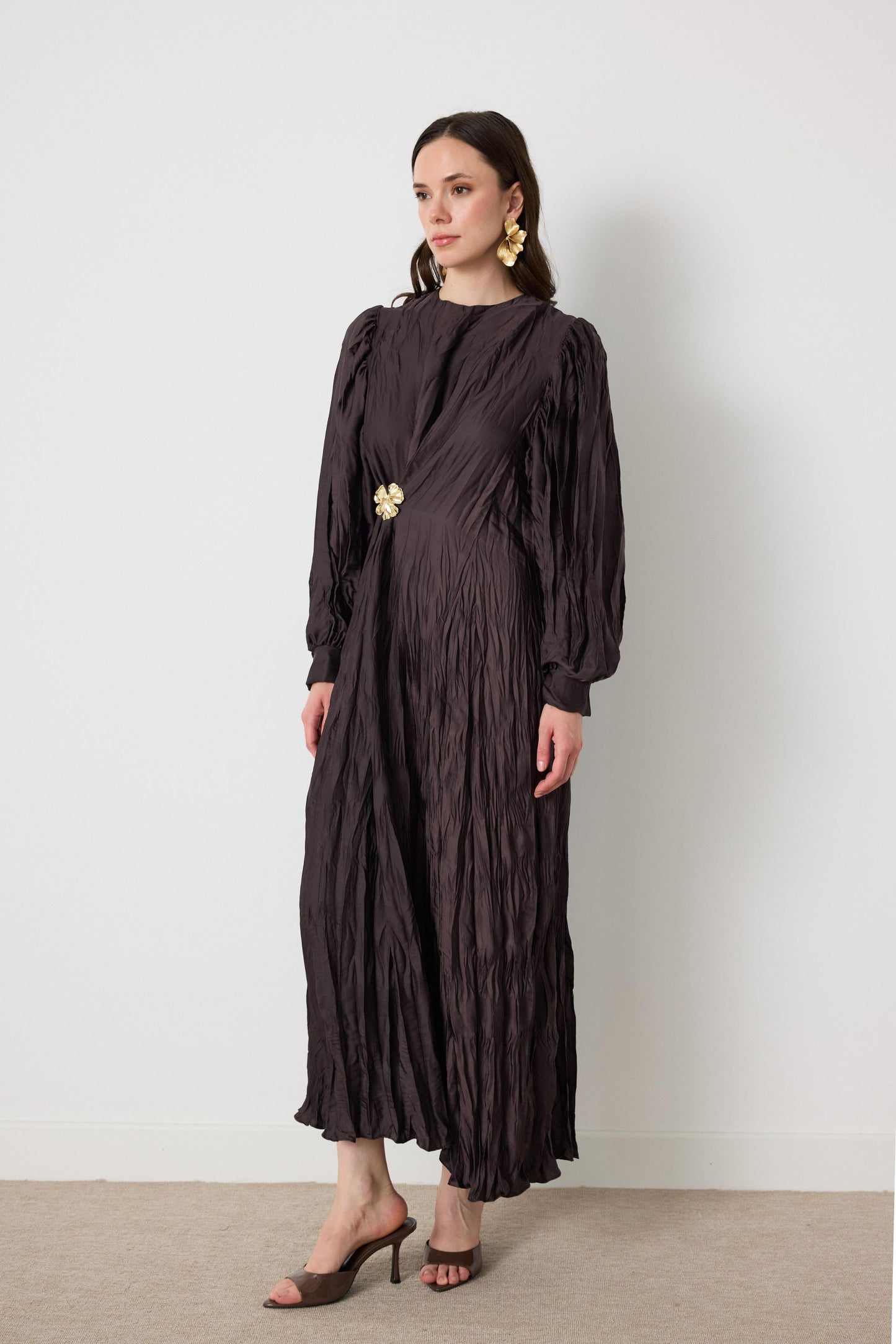 Crinkled Silk Satin Dress with Brooch in Brown