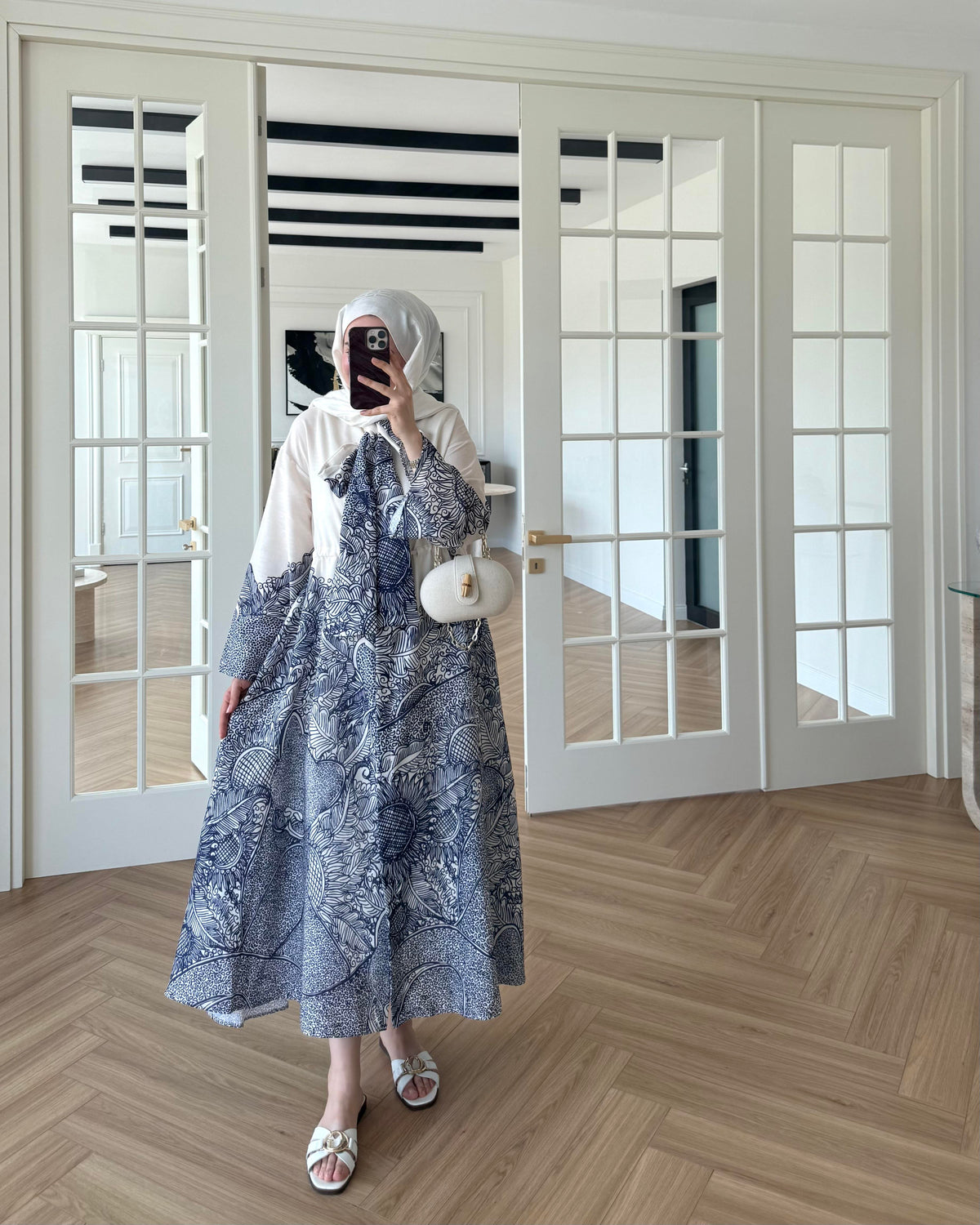 Scarf Collar Linen Dress - Navy