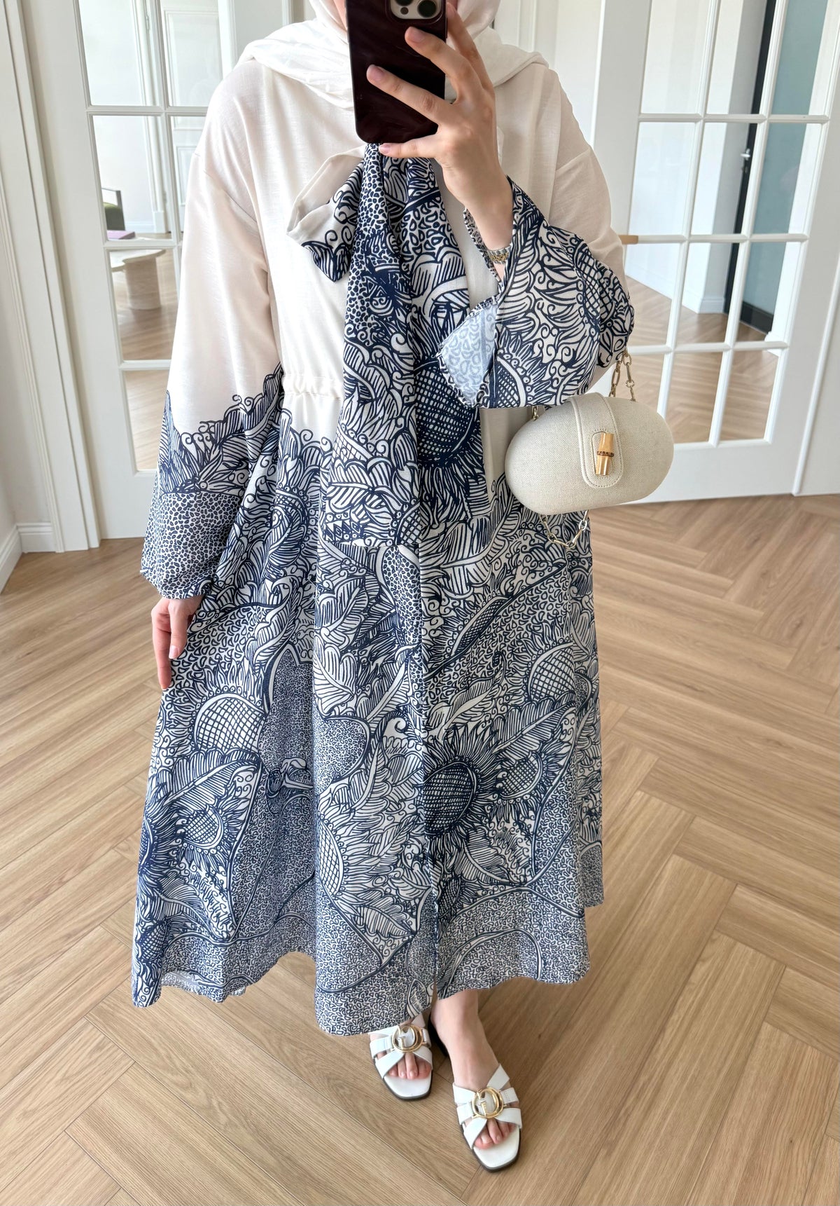 Scarf Collar Linen Dress - Navy