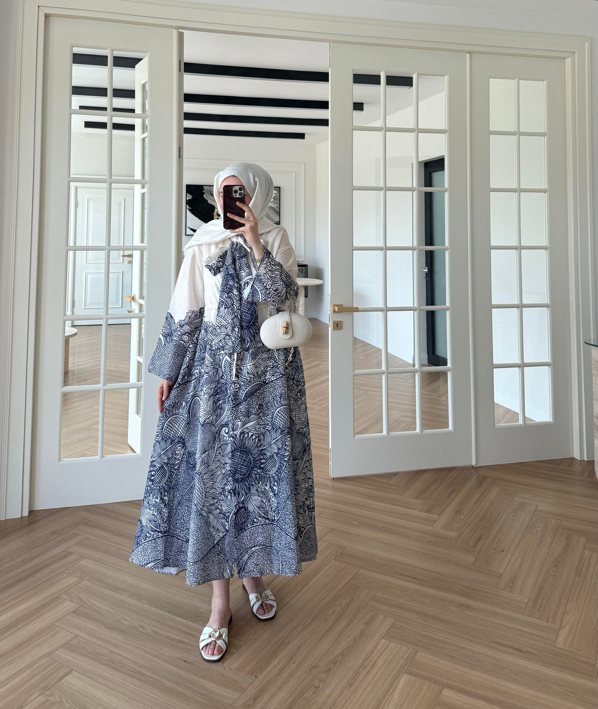 Scarf Collar Linen Dress - Navy