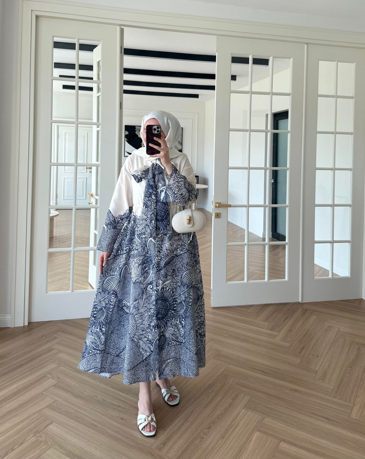 Scarf Collar Linen Dress - Navy