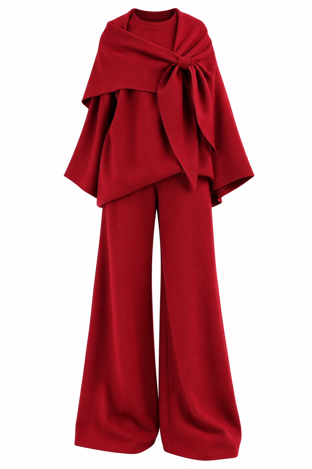 Amaris Shawl-Detail Knit Two-Piece Set – Red