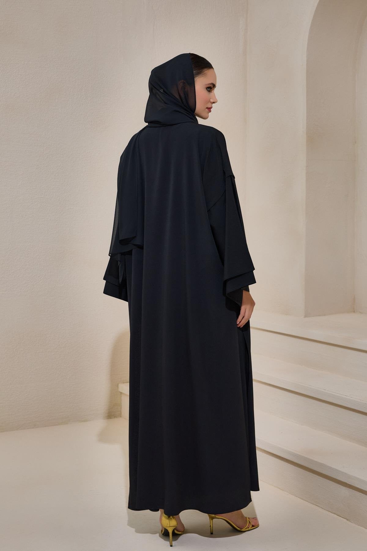 Crepe Abaya Black Set With Inner Dress - sonafey