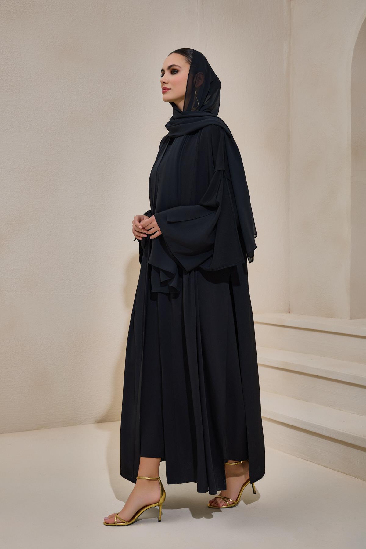 Crepe Abaya Black Set With Inner Dress - sonafey