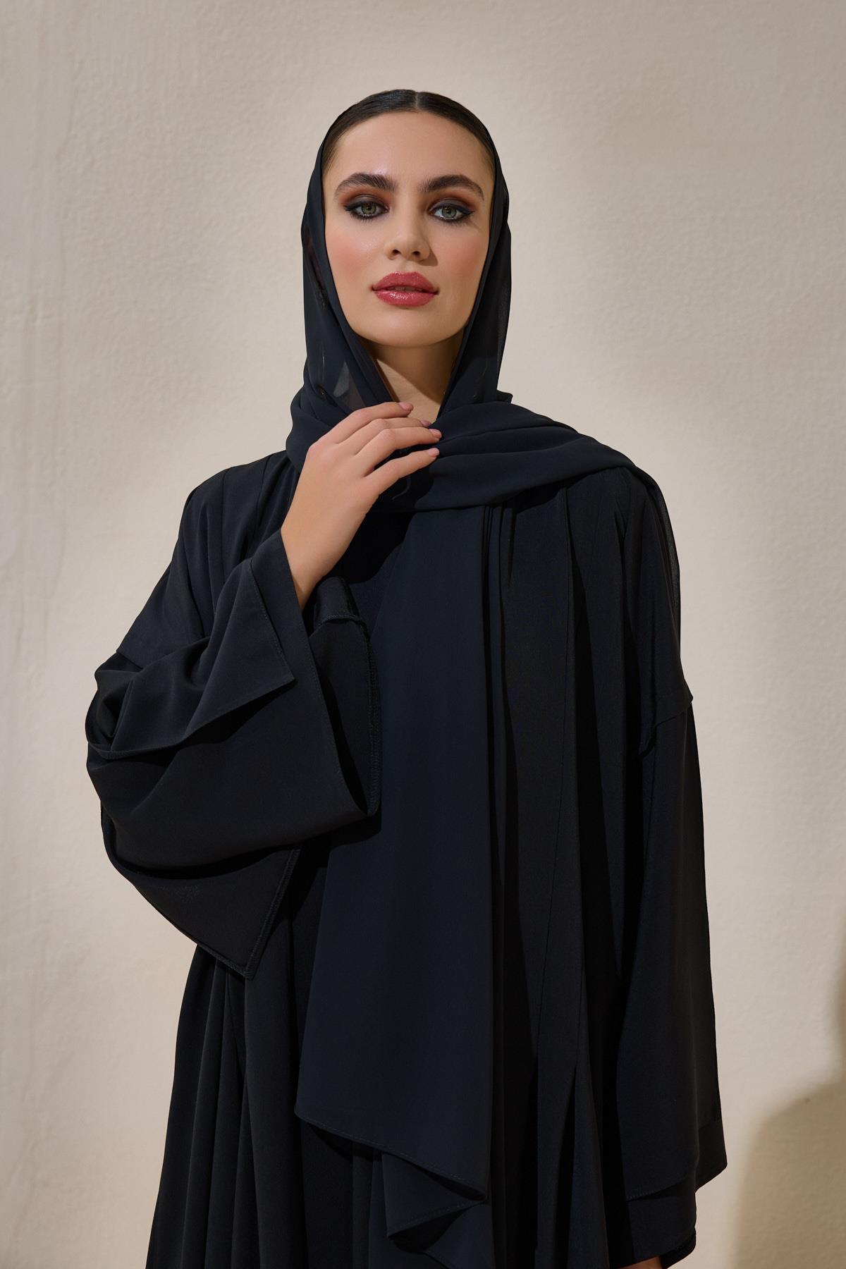 Crepe Abaya Black Set With Inner Dress - sonafey