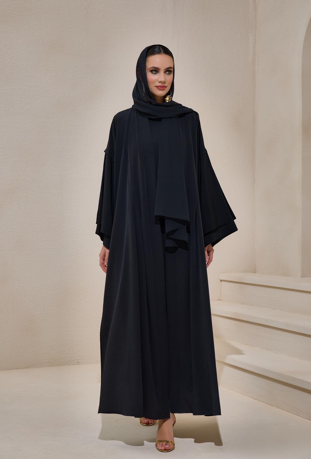 Crepe Abaya Black Set With Inner Dress - sonafey