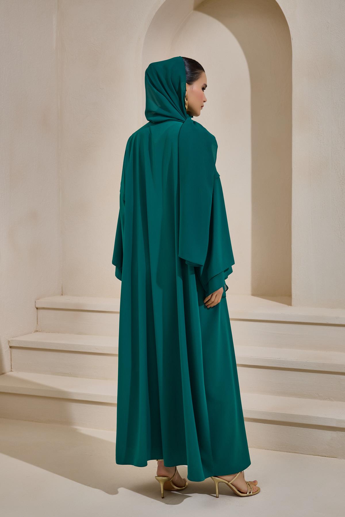 Crepe Abaya Emerald Set With Inner Dress - sonafey