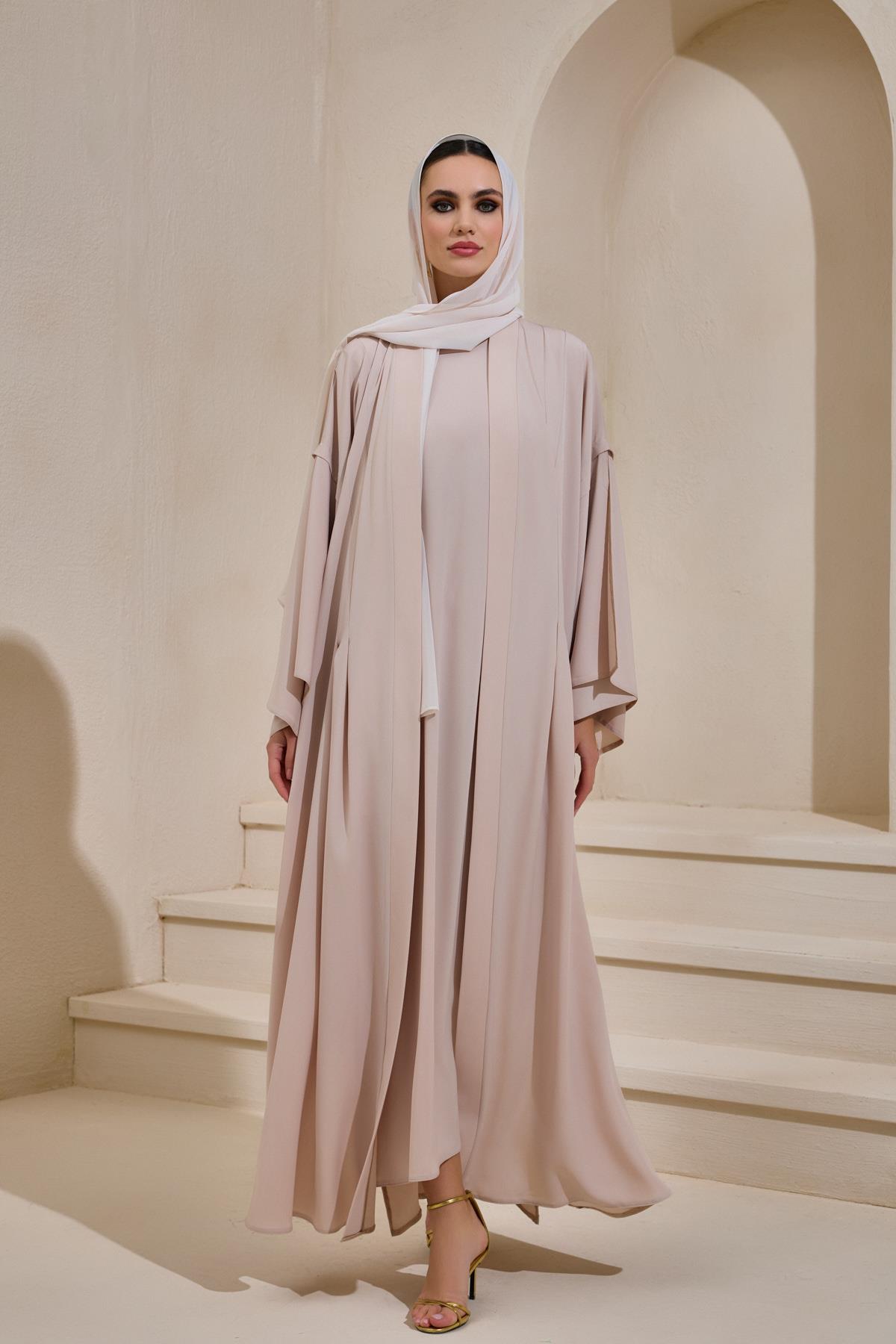 Crepe Abaya Powder Set With Inner Dress - sonafey