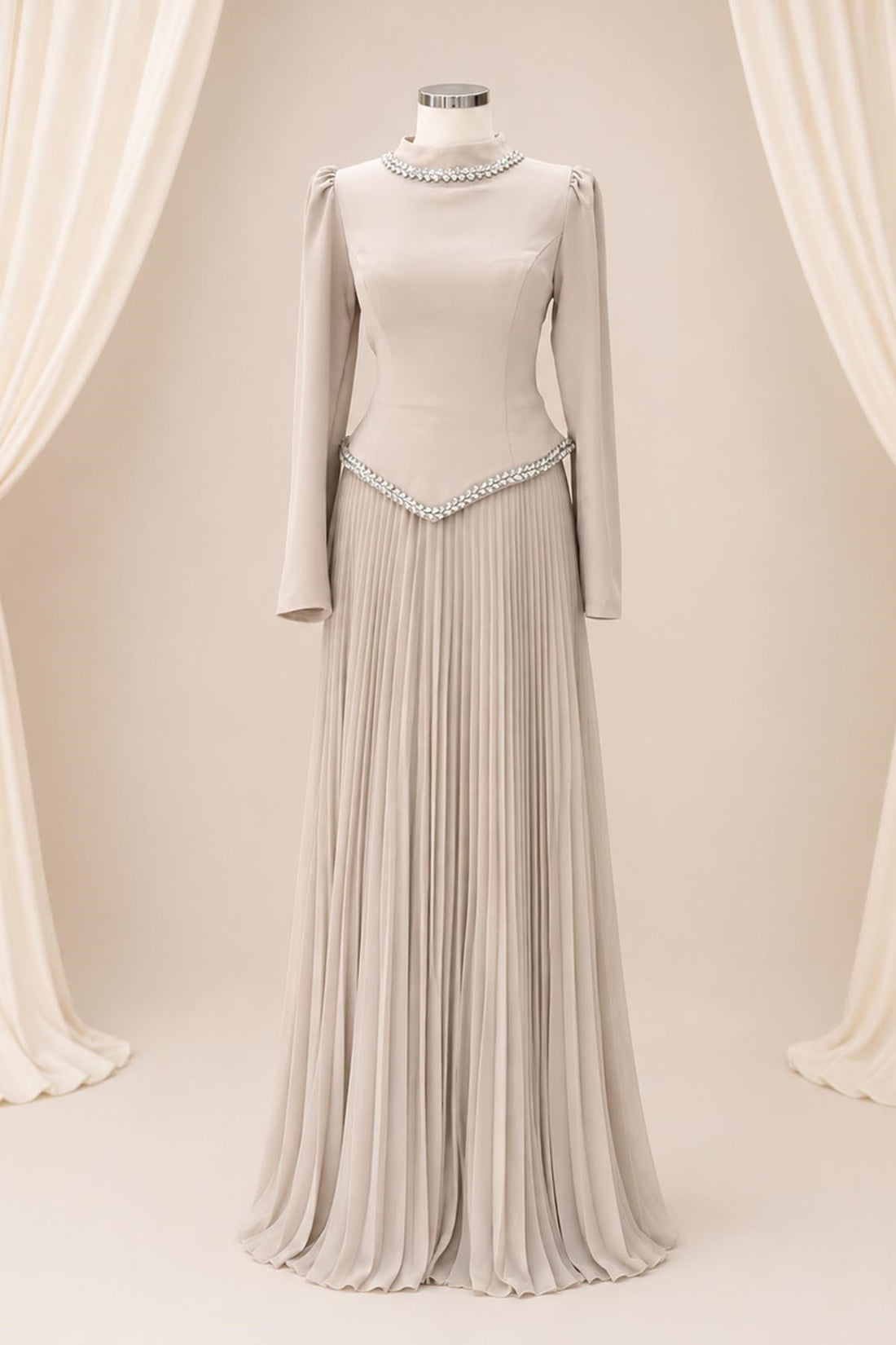 Lidya Modest Evening Dress - Beige