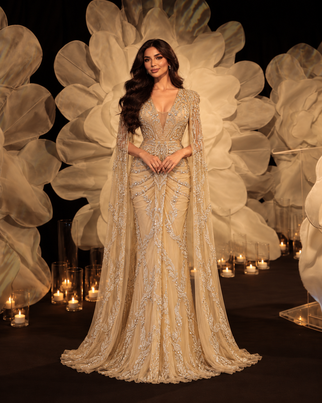 Lilium couture dress in beige on model