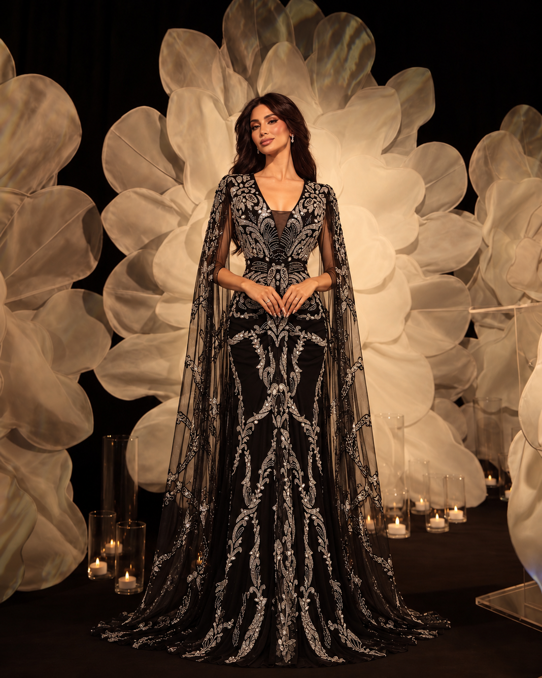 Lilium couture dress in black on model