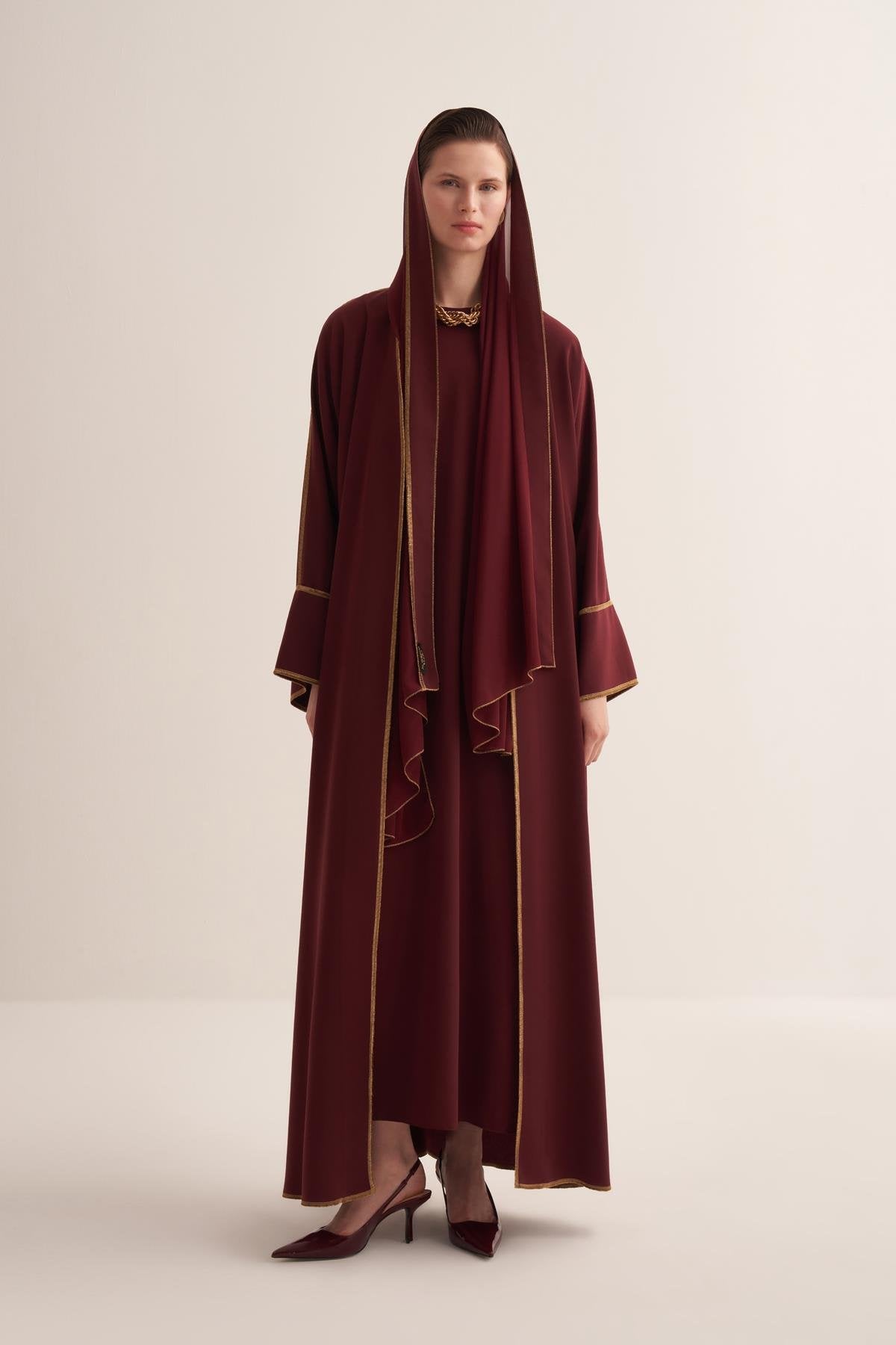 Gold Lined Cherry Red Abaya and Dress Set