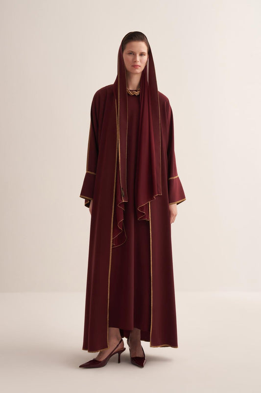 Gold Lined Cherry Red Abaya and Dress Set