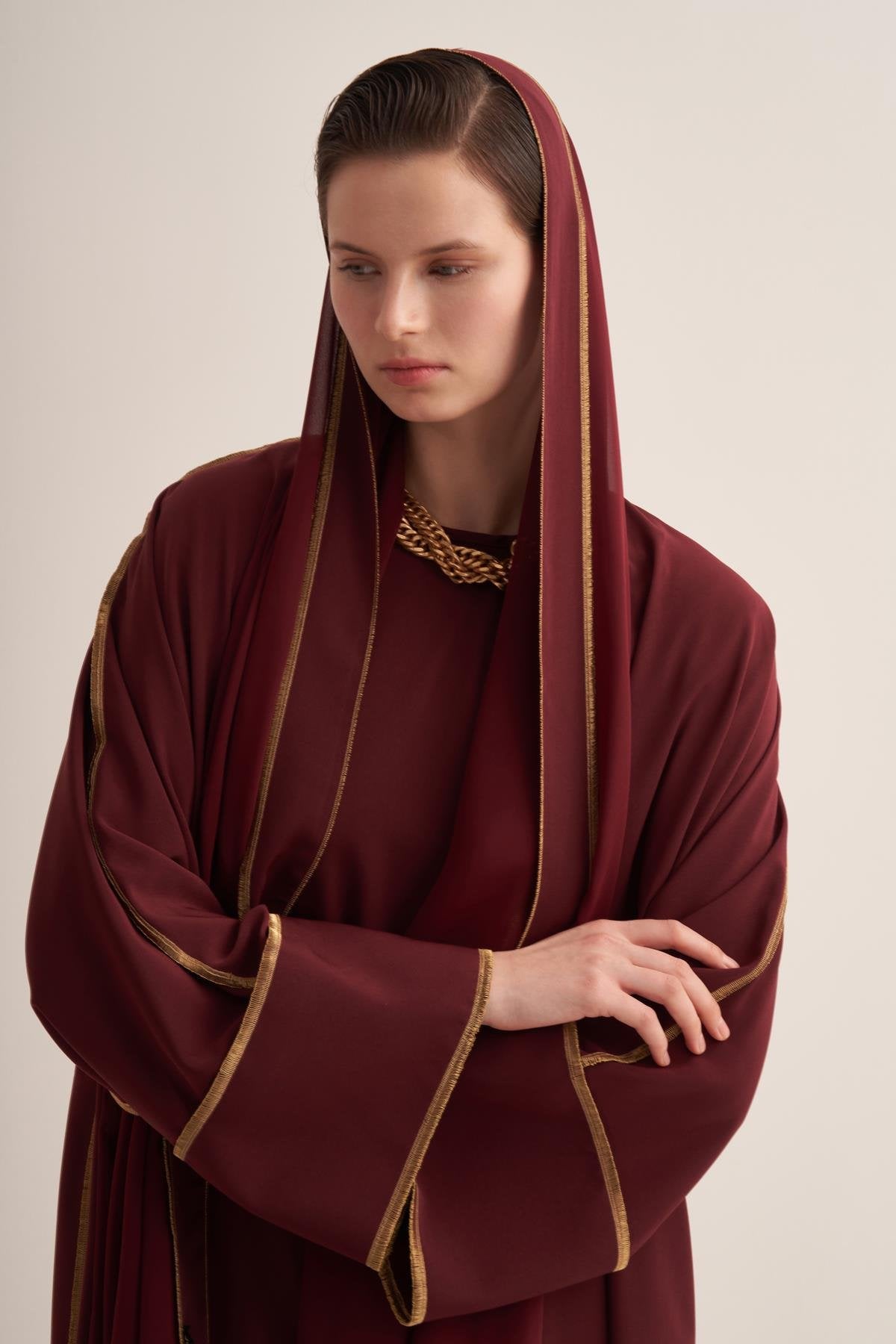 Gold Lined Cherry Red Abaya and Dress Set