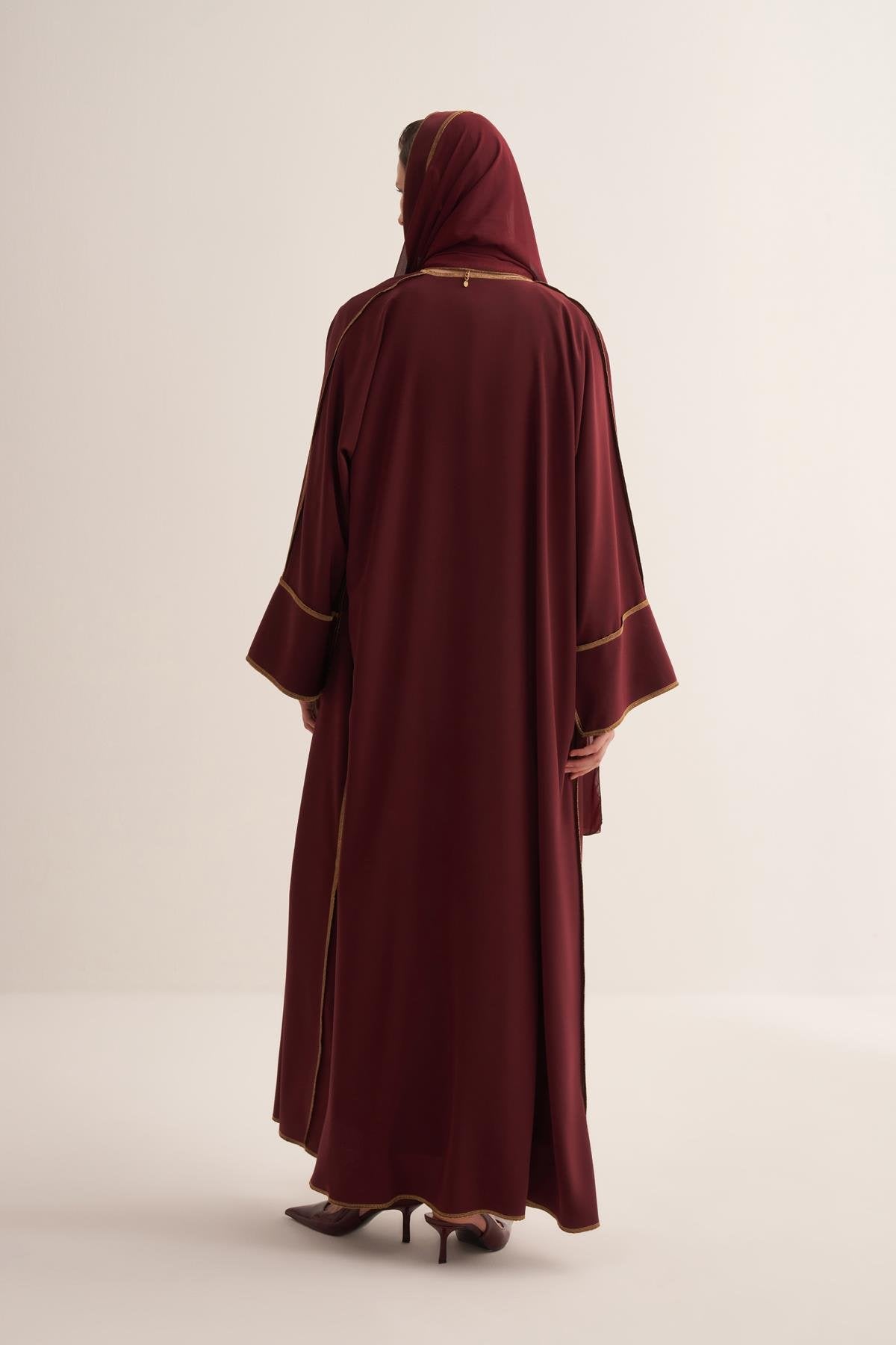 Gold Lined Cherry Red Abaya and Dress Set