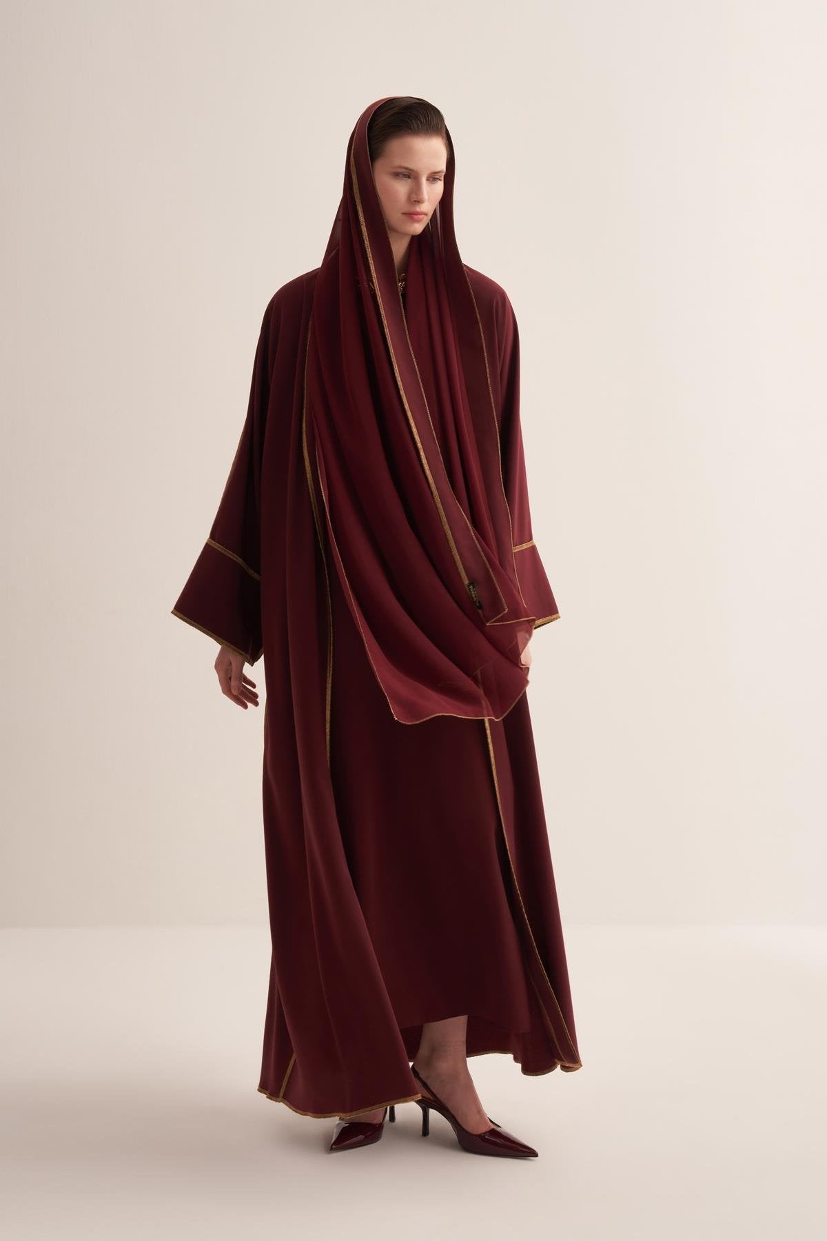Gold Lined Cherry Red Abaya and Dress Set