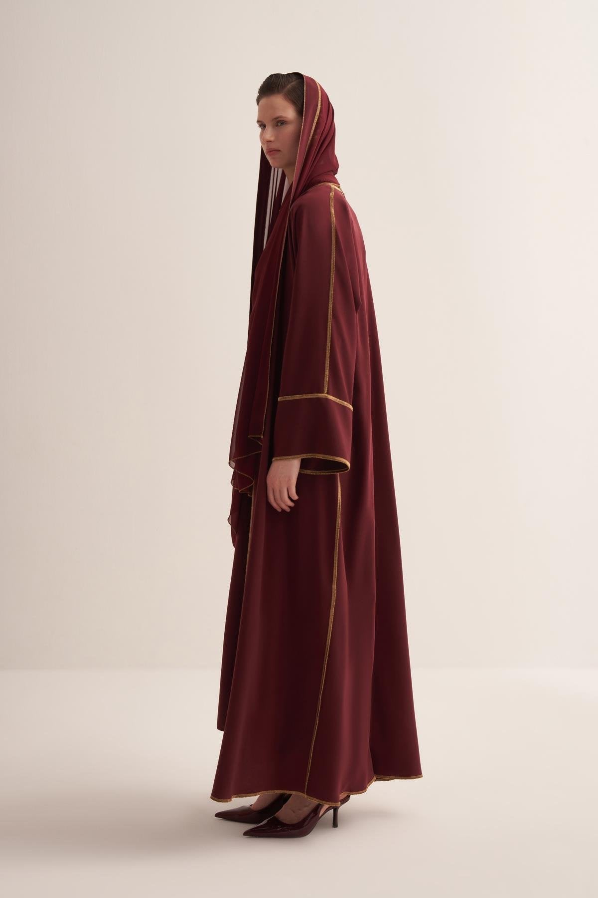 Gold Lined Cherry Red Abaya and Dress Set